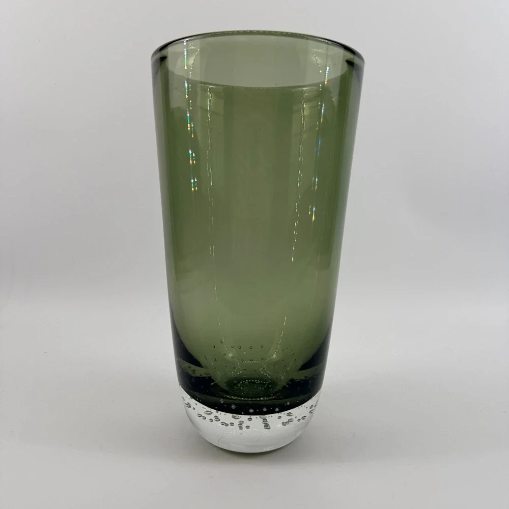Attributed Carl Erickson Studio Art Glass Olive Green Bubble Cylinder Vase